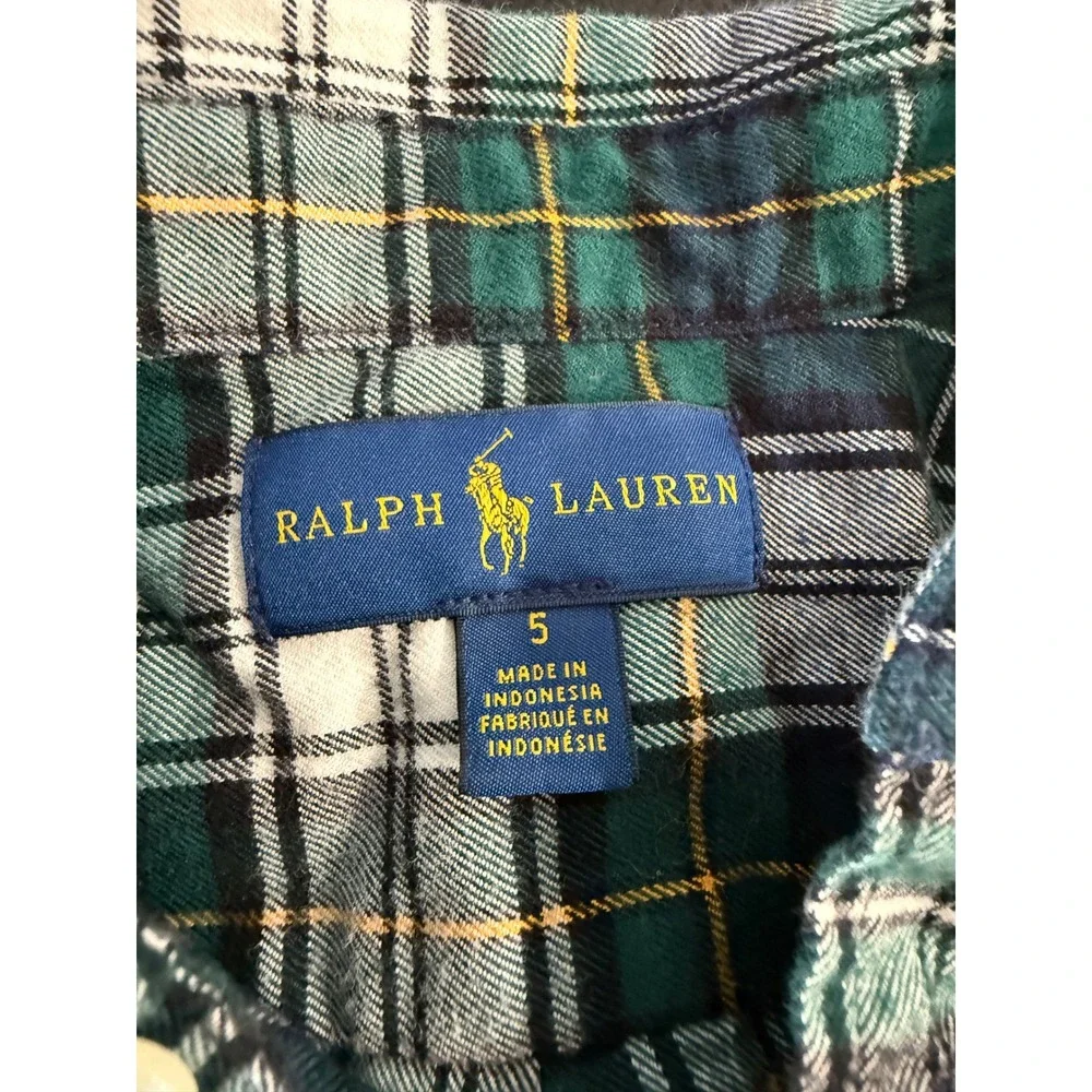 Ralph Lauren Kids Green‎ White Plaid Flannel Button Down Shirt Size 5 Pony Logo